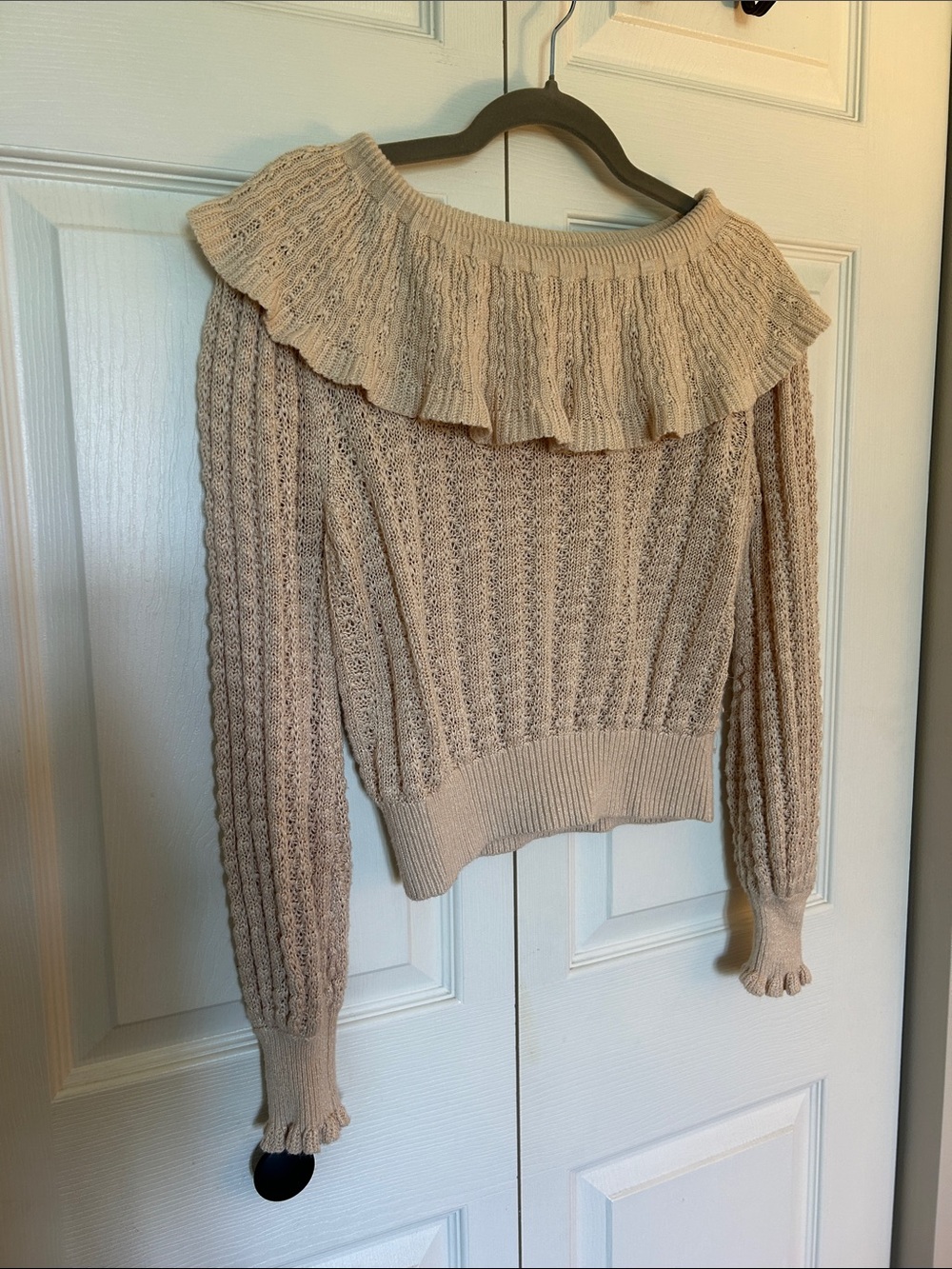 Free People Beige Ruffled Cable-Knit Sweater